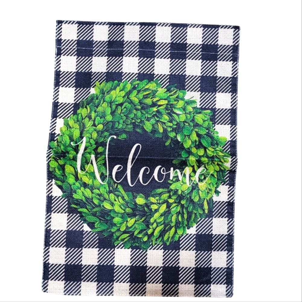 Buffalo Plaid Welcome Flag with Wreath